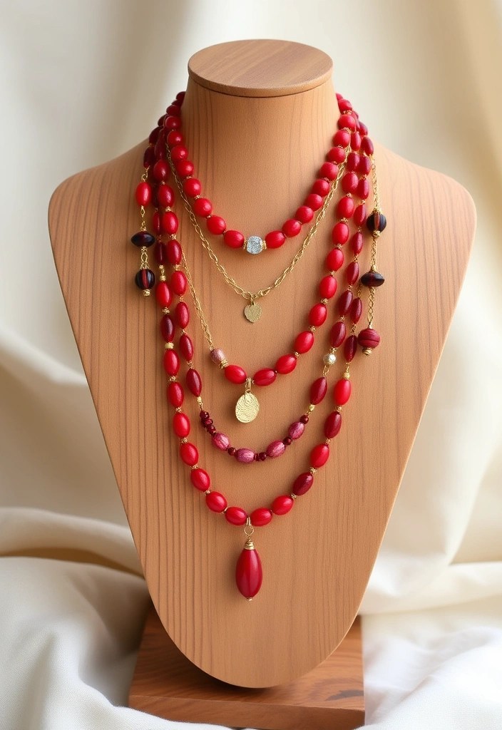 12 Stunning Cherry Red Jewelry Pieces That Will Make Heads Turn (Check Out #3!) - 10. Trendy Cherry Red Layered Necklaces