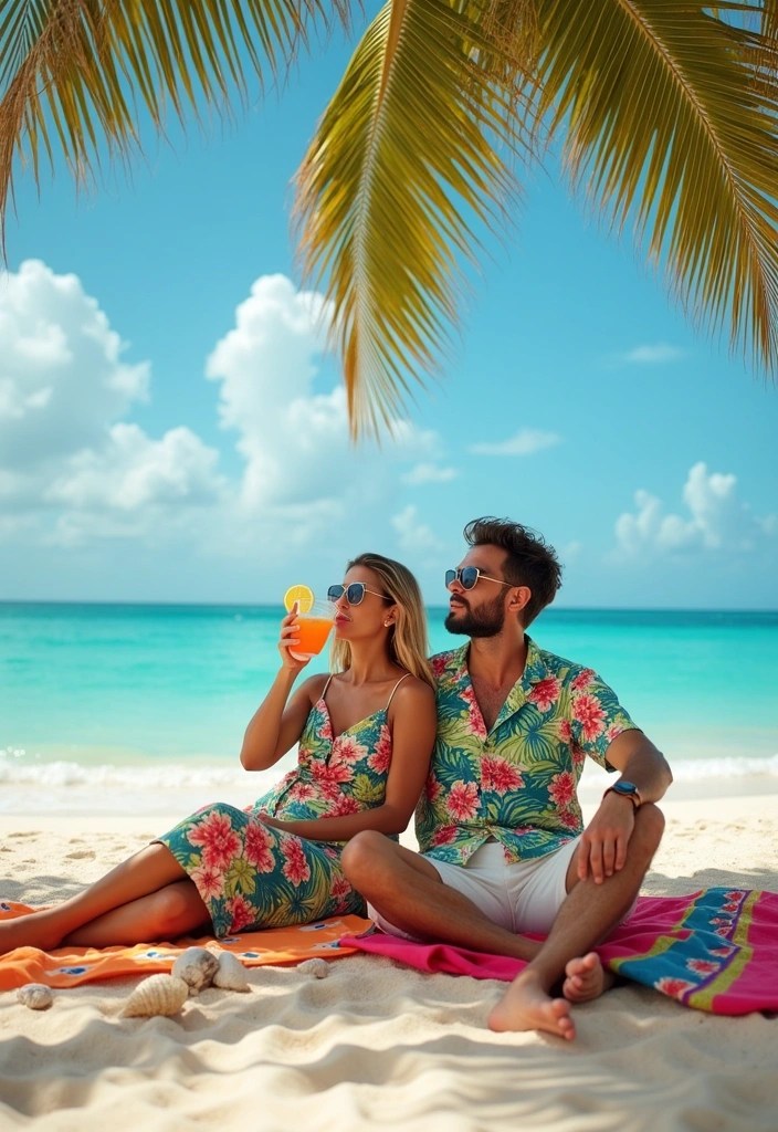15 Travel-Ready Matching Couples Outfits You’ll Both Love (Pack #6 for Your Next Trip!) - 2. Tropical Vibes in Coordinated Prints