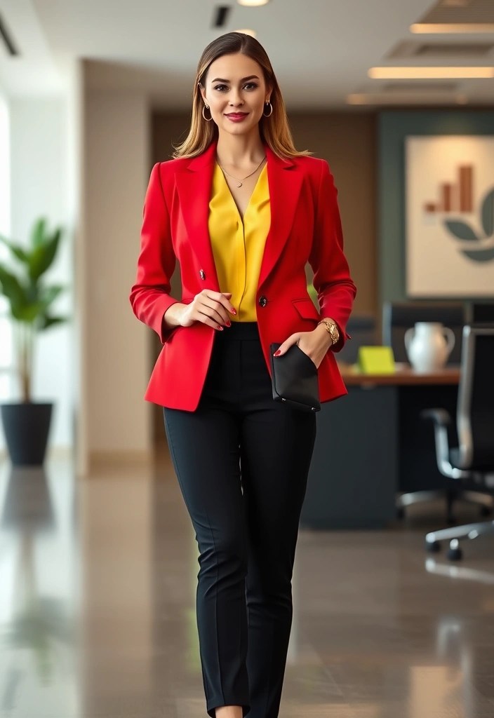 18 Eye-Catching Cherry Red and Buttery Yellow Outfit Ideas You Need to Try! (Number #5 Is a Must!) - 1. Bold Red Blazer with Yellow Accents
