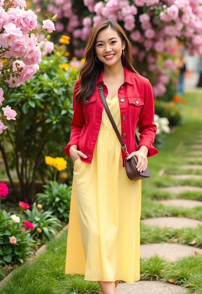 18 Eye-Catching Cherry Red and Buttery Yellow Outfit Ideas You Need to Try! (Number #5 Is a Must!) - 14. Retro Denim Jacket