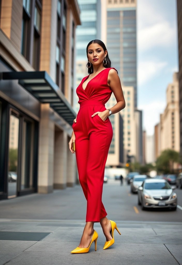 18 Eye-Catching Cherry Red and Buttery Yellow Outfit Ideas You Need to Try! (Number #5 Is a Must!) - 17. Fashion-Forward Jumpsuit