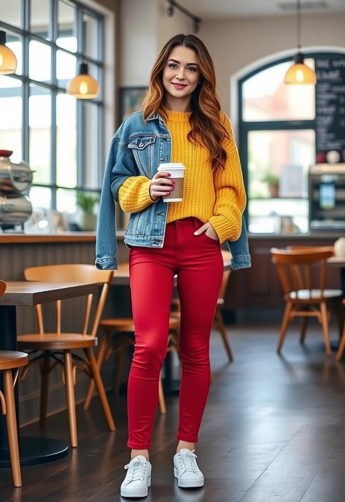 18 Eye-Catching Cherry Red and Buttery Yellow Outfit Ideas You Need to Try! (Number #5 Is a Must!) - 4. Casual Denim and Color Pop