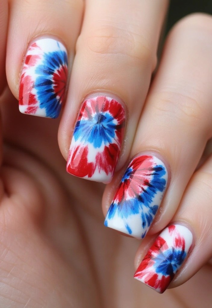 25 Creative Patriotic Nail Art Ideas That Will Make You Shine This Independence Day! - 12. Tie-Dye Patriot