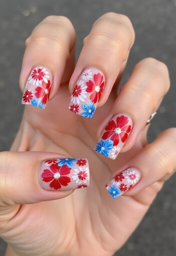 25 Creative Patriotic Nail Art Ideas That Will Make You Shine This Independence Day! - 20. Seasonal Flowers