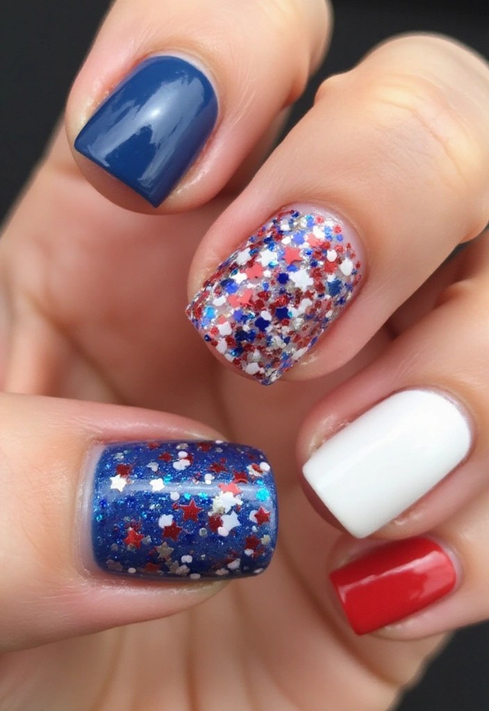 25 Creative Patriotic Nail Art Ideas That Will Make You Shine This Independence Day! - 21. Spangled Glitter Accent