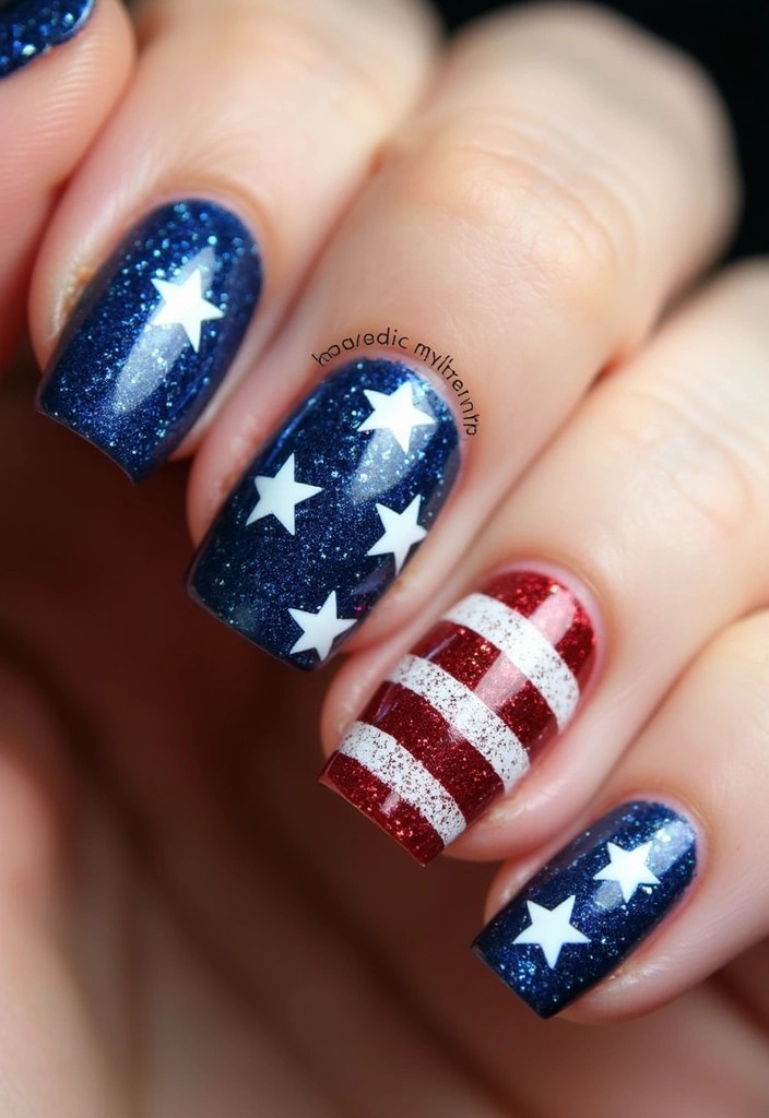 25 Creative Patriotic Nail Art Ideas That Will Make You Shine This Independence Day! - 6. Glittering Flag